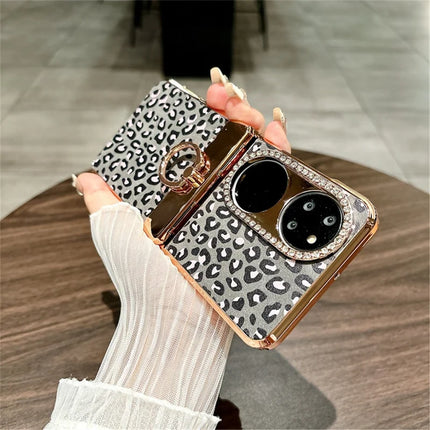 For Huawei P50 Pocket Case Leopard Pattern Ring Holder Rhinestone Hard PC Phone Cover