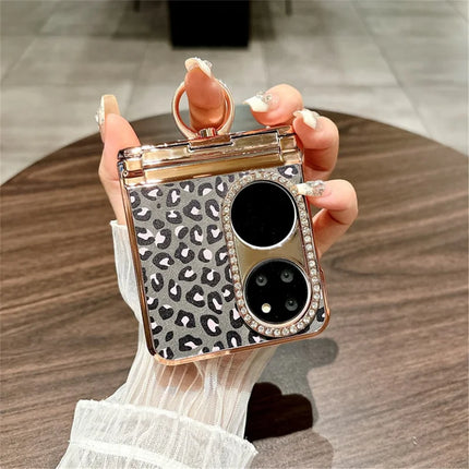 For Huawei P50 Pocket Case Leopard Pattern Ring Holder Rhinestone Hard PC Phone Cover