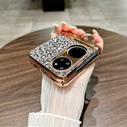 For Huawei P50 Pocket Case Leopard Pattern Ring Holder Rhinestone Hard PC Phone Cover