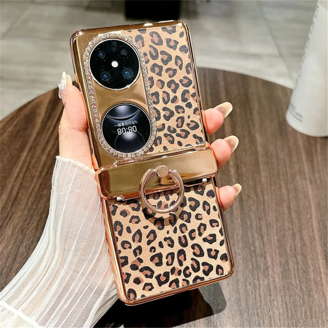 For Huawei Pocket 2 Case Leopard Pattern Ring Holder Rhinestone Hard PC Phone Cover - Gold