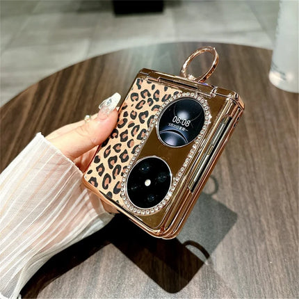 For Huawei Pocket 2 Case Leopard Pattern Ring Holder Rhinestone Hard PC Phone Cover