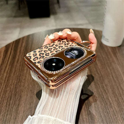 For Huawei Pocket 2 Case Leopard Pattern Ring Holder Rhinestone Hard PC Phone Cover