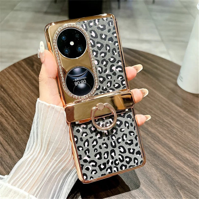 For Huawei Pocket 2 Case Leopard Pattern Ring Holder Rhinestone Hard PC Phone Cover - Black