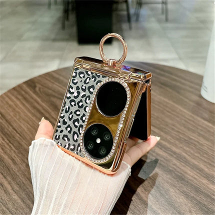 For Huawei Pocket 2 Case Leopard Pattern Ring Holder Rhinestone Hard PC Phone Cover