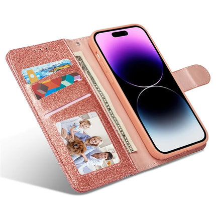 For iPhone 15 Pro Max Glitter Leather Case with Metal Diamond Buttery Wallet Stand Cover