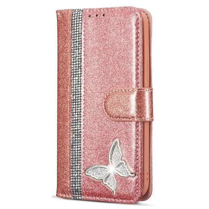 For iPhone 15 Pro Max Glitter Leather Case with Metal Diamond Buttery Wallet Stand Cover