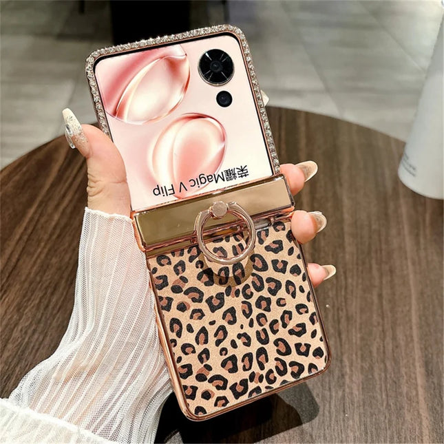 For Honor Magic V Flip 5G Case Leopard Pattern Ring Holder Rhinestone Hard PC Phone Cover - Gold