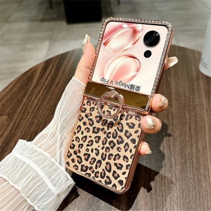 For Honor Magic V Flip 5G Case Leopard Pattern Ring Holder Rhinestone Hard PC Phone Cover