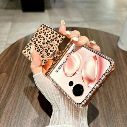 For Honor Magic V Flip 5G Case Leopard Pattern Ring Holder Rhinestone Hard PC Phone Cover