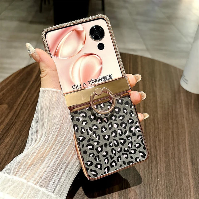 For Honor Magic V Flip 5G Case Leopard Pattern Ring Holder Rhinestone Hard PC Phone Cover - Black