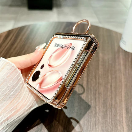 For Honor Magic V Flip 5G Case Leopard Pattern Ring Holder Rhinestone Hard PC Phone Cover