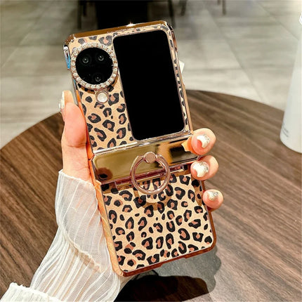 For Oppo Find N3 Flip 5G Case Leopard Pattern Ring Holder Rhinestone Hard PC Phone Cover - Gold