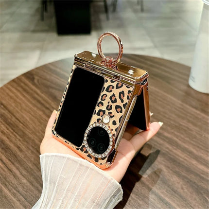For Oppo Find N3 Flip 5G Case Leopard Pattern Ring Holder Rhinestone Hard PC Phone Cover