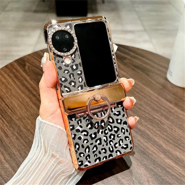 For Oppo Find N3 Flip 5G Case Leopard Pattern Ring Holder Rhinestone Hard PC Phone Cover - Black