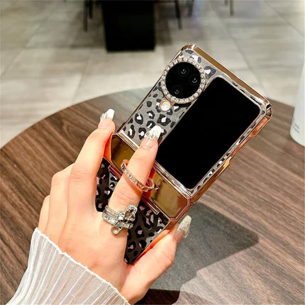 For Oppo Find N3 Flip 5G Case Leopard Pattern Ring Holder Rhinestone Hard PC Phone Cover