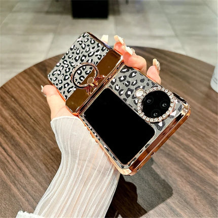 For Oppo Find N3 Flip 5G Case Leopard Pattern Ring Holder Rhinestone Hard PC Phone Cover