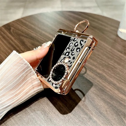 For Oppo Find N3 Flip 5G Case Leopard Pattern Ring Holder Rhinestone Hard PC Phone Cover