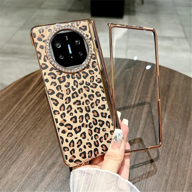 For Huawei Mate X5 Case Leopard Pattern PC Phone Cover with Tempered Glass Screen Film - Gold