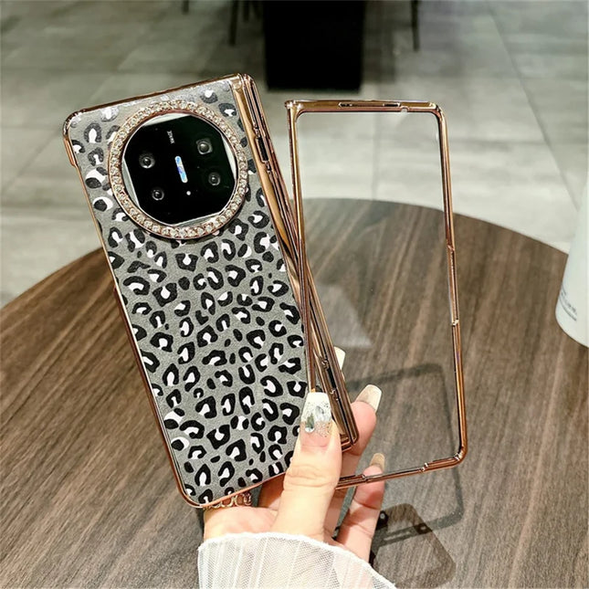 For Huawei Mate X5 Case Leopard Pattern PC Phone Cover with Tempered Glass Screen Film - Black