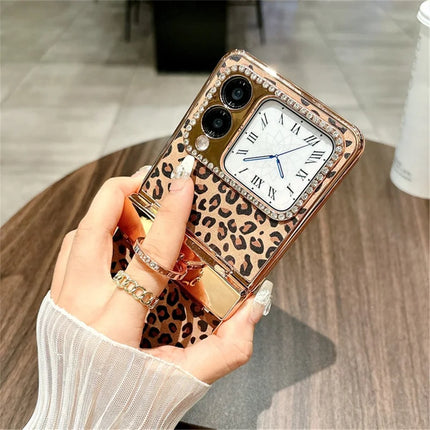 For Huawei nova Flip 5G Case Leopard Pattern Ring Holder Rhinestone Hard PC Phone Cover