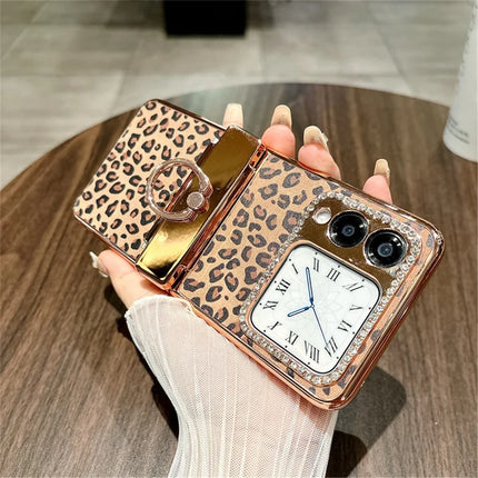 For Huawei nova Flip 5G Case Leopard Pattern Ring Holder Rhinestone Hard PC Phone Cover