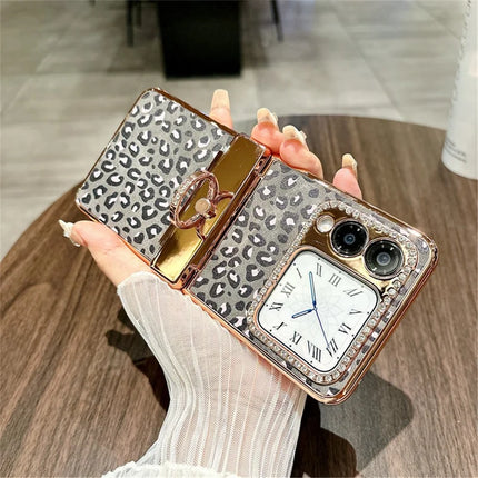 For Huawei nova Flip 5G Case Leopard Pattern Ring Holder Rhinestone Hard PC Phone Cover