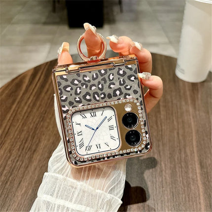 For Huawei nova Flip 5G Case Leopard Pattern Ring Holder Rhinestone Hard PC Phone Cover