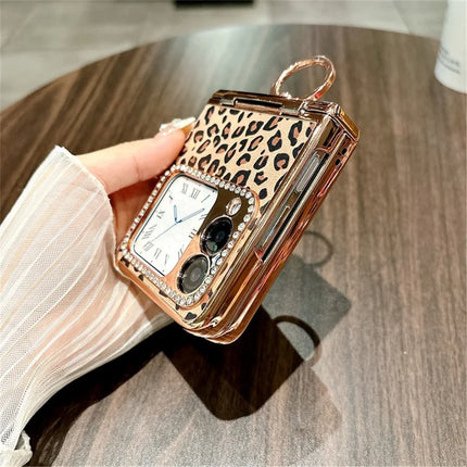 For Huawei nova Flip 5G Case Leopard Pattern Ring Holder Rhinestone Hard PC Phone Cover