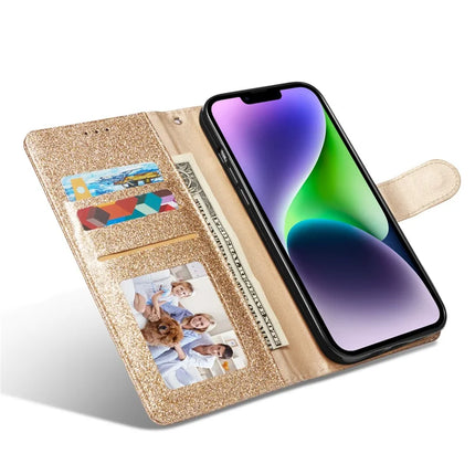 For iPhone 14 Glitter Leather Case with Diamond Love Heart Wallet Stand Flip Cover