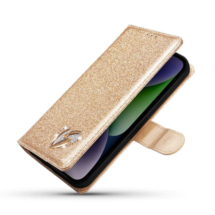 For iPhone 14 Glitter Leather Case with Diamond Love Heart Wallet Stand Flip Cover