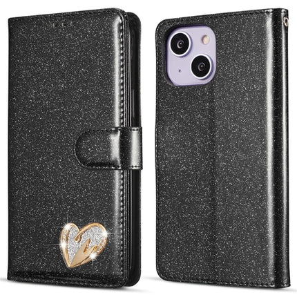 For iPhone 14 Glitter Leather Case with Diamond Love Heart Wallet Stand Flip Cover - Black