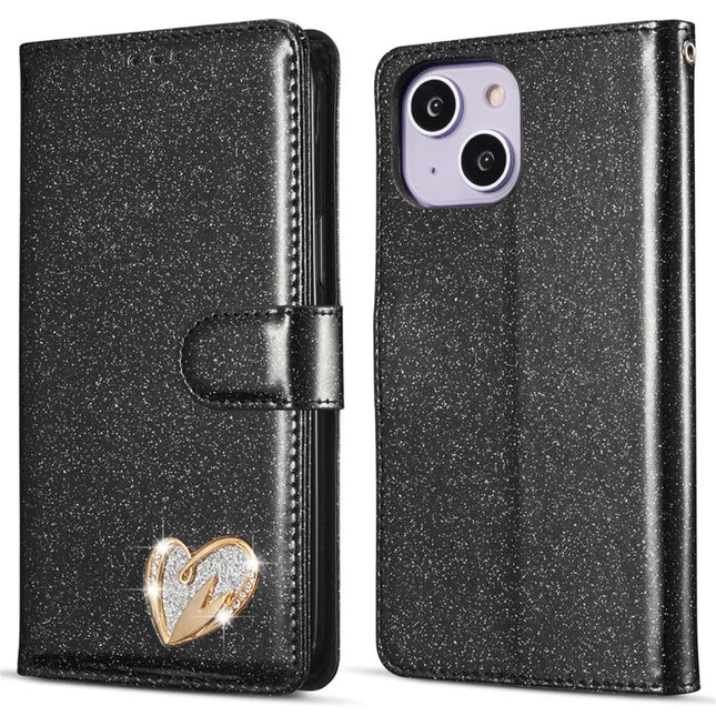 For iPhone 14 Glitter Leather Case with Diamond Love Heart Wallet Stand Flip Cover - Black