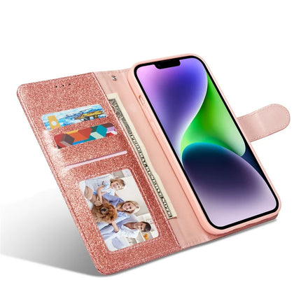 For iPhone 14 Glitter Leather Case with Diamond Love Heart Wallet Stand Flip Cover