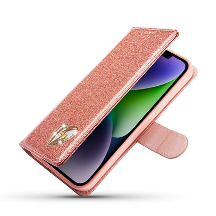 For iPhone 14 Glitter Leather Case with Diamond Love Heart Wallet Stand Flip Cover