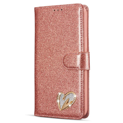 For iPhone 14 Glitter Leather Case with Diamond Love Heart Wallet Stand Flip Cover