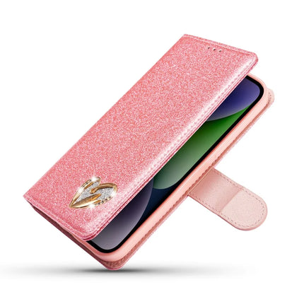 For iPhone 14 Glitter Leather Case with Diamond Love Heart Wallet Stand Flip Cover