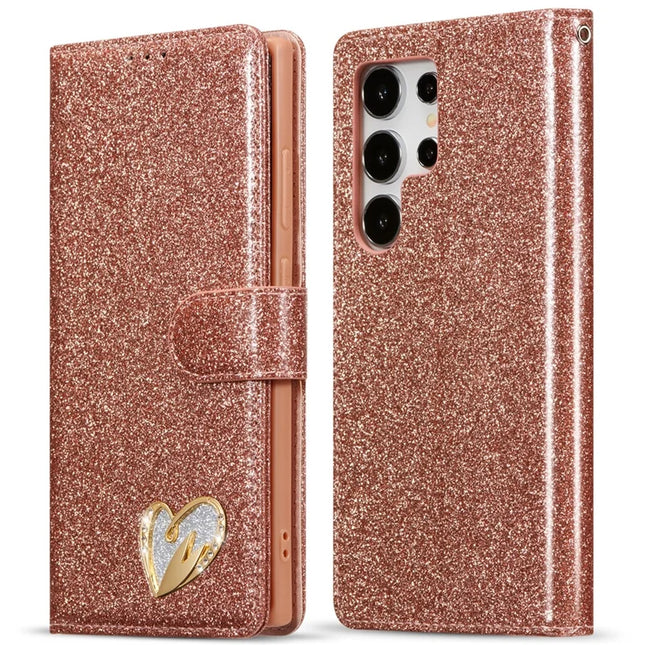 For Samsung Galaxy S23 Ultra Glitter Leather Case with Diamond Love Heart Wallet Stand Flip Cover - Rose Gold