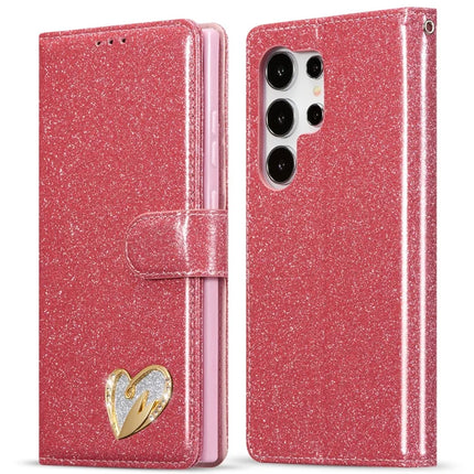 For Samsung Galaxy S23 Ultra Glitter Leather Case with Diamond Love Heart Wallet Stand Flip Cover - Pink