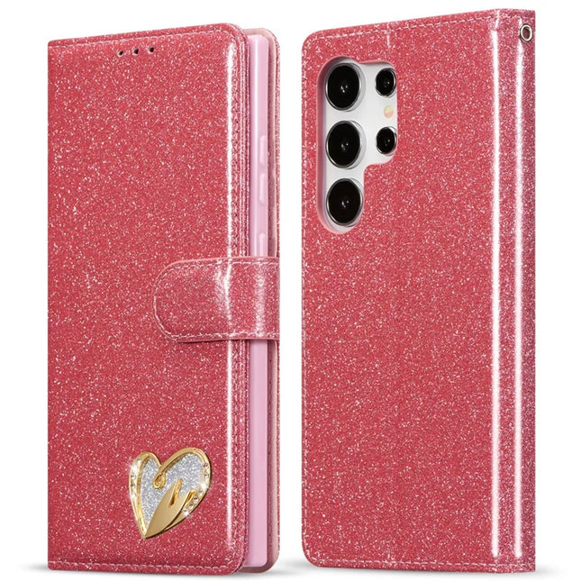 For Samsung Galaxy S23 Ultra Glitter Leather Case with Diamond Love Heart Wallet Stand Flip Cover - Pink