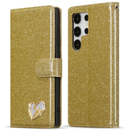 For Samsung Galaxy S23 Ultra Glitter Leather Case with Diamond Love Heart Wallet Stand Flip Cover - Gold