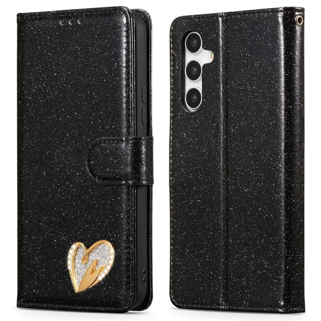 For Samsung Galaxy S23 FE Glitter Leather Case with Diamond Love Heart Wallet Stand Flip Cover - Black