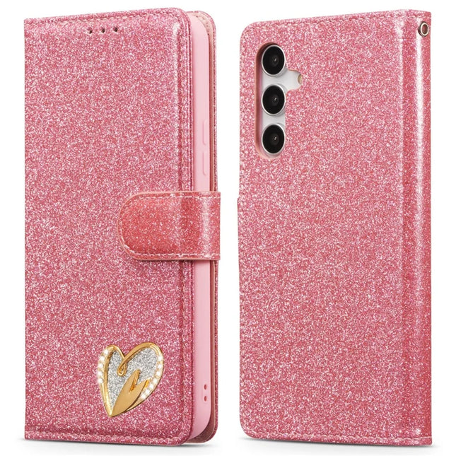 For Samsung Galaxy S23 FE Glitter Leather Case with Diamond Love Heart Wallet Stand Flip Cover - Pink