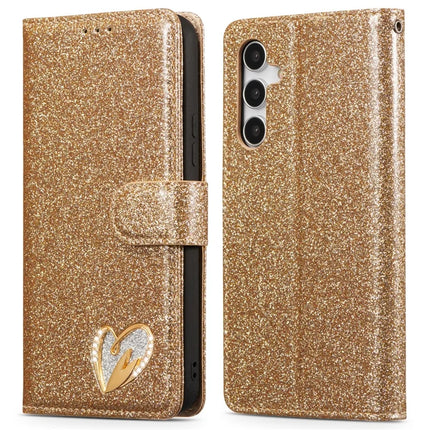 For Samsung Galaxy S23 FE Glitter Leather Case with Diamond Love Heart Wallet Stand Flip Cover - Gold