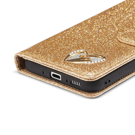 For Samsung Galaxy S23 FE Glitter Leather Case with Diamond Love Heart Wallet Stand Flip Cover