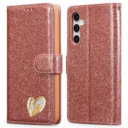 For Samsung Galaxy S23 FE Glitter Leather Case with Diamond Love Heart Wallet Stand Flip Cover - Rose Gold