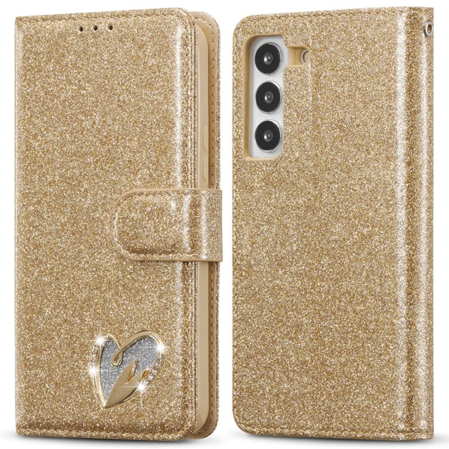For Samsung Galaxy S23 Glitter Leather Case with Diamond Love Heart Wallet Stand Flip Cover - Gold