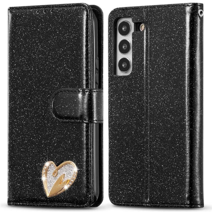 For Samsung Galaxy S23 Glitter Leather Case with Diamond Love Heart Wallet Stand Flip Cover - Black