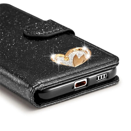 For Samsung Galaxy S23 Glitter Leather Case with Diamond Love Heart Wallet Stand Flip Cover