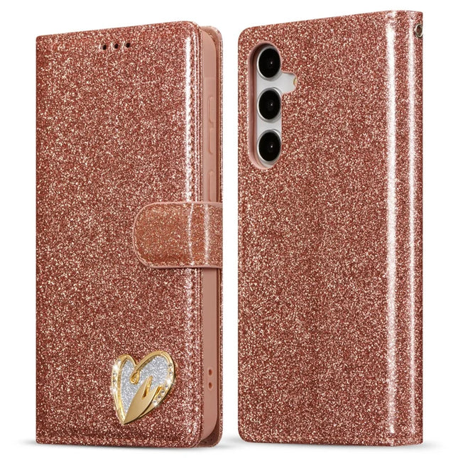 For Samsung Galaxy A25 5G (Global) (161.0 x 76.5 x 8.3mm) Glitter Leather Case with Diamond Love Heart Wallet Stand Flip Cover - Rose Gold
