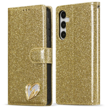 For Samsung Galaxy A15 4G  /  5G Glitter Leather Case with Diamond Love Heart Wallet Stand Flip Cover - Gold